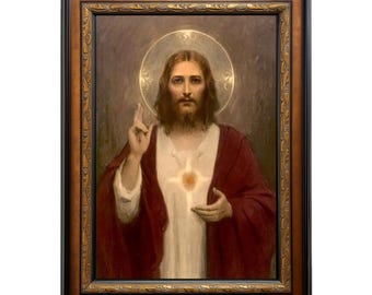 Sacred Heart of Jesus – Classical Catholic Devotional Oil Painting, Traditional Christian Religious Art, Displayed in 42x30