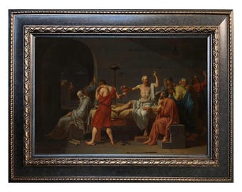Puede incluir: Pintura enmarcada que representa una escena histórica con varias figuras. La obra de arte presenta una figura central acostada en una cama, rodeada de otras personas con vestimenta clásica. El marco es oscuro con detalles dorados.
