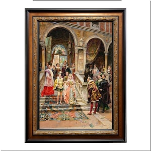 May include: A framed painting showing a historical scene with figures in elaborate attire. The artwork features a grand staircase, arches, and a colourful rug. The frame is dark with gold accents.