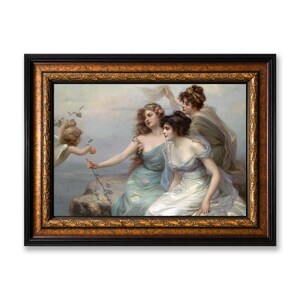 May include: A framed print of a classical painting featuring three women in flowing gowns, with an angel offering a flower. The frame is black with a gold-colored inner border. The artwork has soft colors.