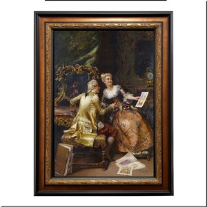 May include: An oil painting in an ornate frame shows a man and woman in 18th-century dress. The woman displays a drawing, the man in a gold coat leans in. The painting has rich colours and intricate details, with a dark background and decorative frame.