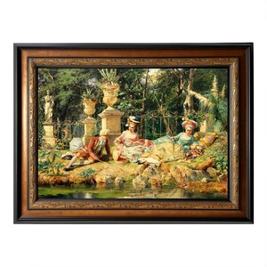 May include: A framed painting showing a garden scene with figures in historical attire. The artwork features a pond, statues, and abundant foliage, within a decorative gold and brown frame.