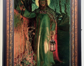 Impresión de lienzo "La luz del mundo" de William Holman Hunt - 30x42 - Arte religioso victoriano - Marco dorado ornamentado - Perfecto para coleccionistas