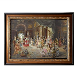 May include: A framed painting showing a ball scene with many figures in historical dress. The artwork has a detailed interior setting with elaborate architecture and a warm colour scheme. The frame is dark brown with gold detailing.