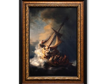 Christ in the Storm on the Sea of Galilee Framed Canvas Wall Art, Rembrandt van Rijn Jesus Painting Print, Vintage Religious Wall Decor