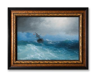 Gathering Storm Framed Canvas Wall Art, Ivan Aivazovsky Moody Seascape Oil Painting Print, Dramatic Romantic Ocean Wall Decor