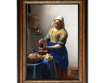 May include: Framed print of Johannes Vermeer's "The Milkmaid." The artwork depicts a woman in a yellow and blue dress pouring liquid from a red pitcher. A table with bread and a basket is in the foreground. The frame is brown with gold accents.