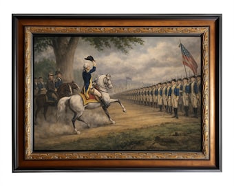 Pode incluir: Uma impressão emoldurada retratando uma cena histórica de um homem em um cavalo branco levantando seu chapéu, com soldados e uma bandeira americana ao fundo. A moldura é ornamentada com um acabamento preto e dourado.