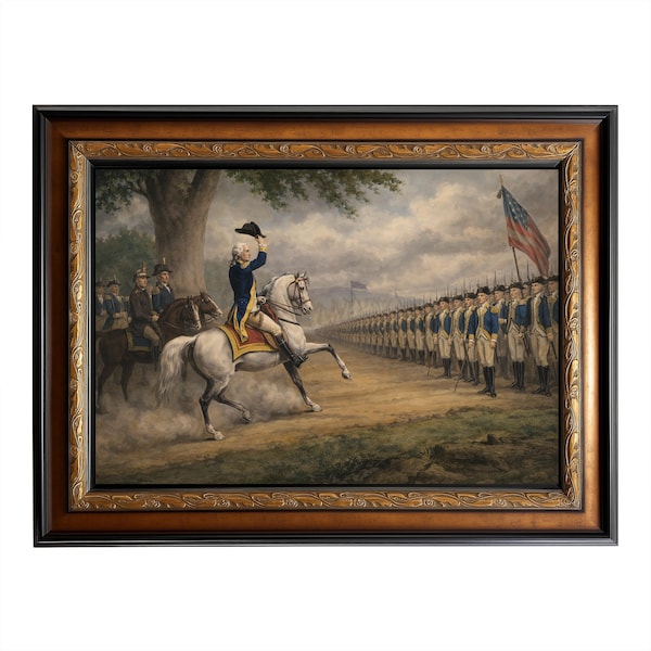 George Washington Taking Command, 1775 – Vintage Revolutionary War, Continental Army Leadership Painting, Historic American Framed 42x30