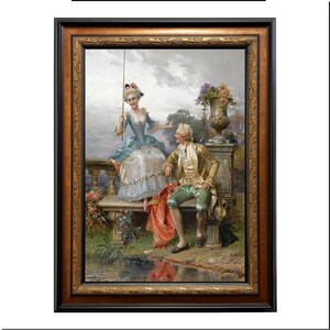 May include: A framed painting showing a romantic scene with a man and woman in period dress. The woman, in a blue dress, sits on a bench, while the man, in a gold jacket, sits beside her. The artwork is set in a garden with a cloudy sky.