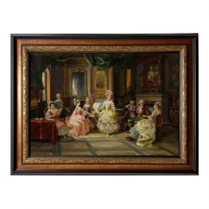 May include: An oil painting in a decorative frame shows a social gathering in a grand room. The figures are dressed in period clothing, with elaborate gowns and suits. The room features a fireplace, mirrors, and detailed architectural elements. The frame has gold detailing.