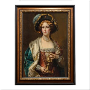 May include: A framed portrait of a woman in Renaissance dress. She wears a feathered hat, pearl necklace, and a red and gold gown. The woman holds a golden chalice. The frame is ornate with a dark brown and gold finish.