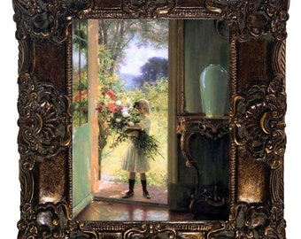 Jules-Alexis Muenier&#39;s &#39;From The Garden France&#39;: Little Girl with Huge Bouquet Printed on Canvas, Framed size 20x24 Other Frames Available