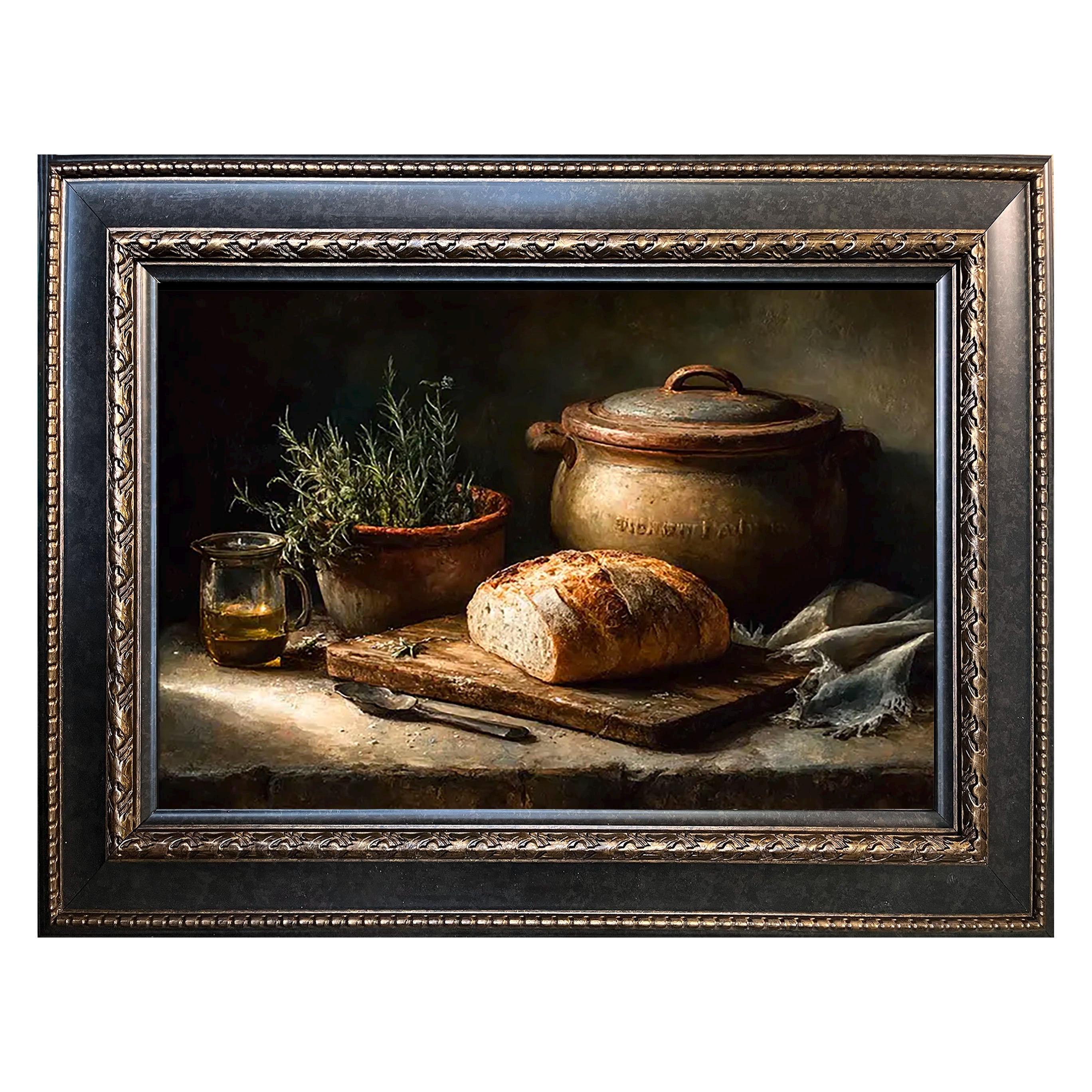 Italian Rustic Kitchen Still Life – Moody Bread and Olive Oil Painting ...