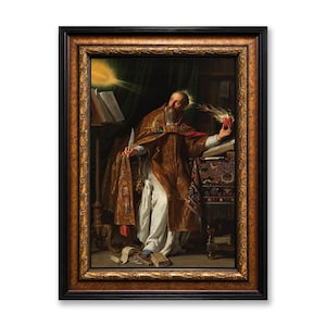 May include: A framed oil painting depicting a bearded figure in ornate gold and white robes holding a flaming heart. The figure sits at a desk with an open book and a quill, illuminated by a glowing light source labeled with the word Veritas.