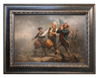 Pode incluir: Uma pintura emoldurada retratando uma cena histórica com três homens liderando uma carga, um tocando uma flauta, outro carregando uma bandeira e um baterista. A pintura está em uma moldura preta e dourada ornamentada.