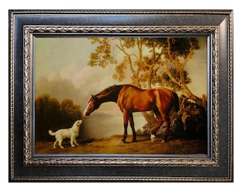 Caballo castaño y perro blanco: pintura animal inglesa de George Stubbs, arte paisajístico ecuestre clásico, enmarcada, 42 x 30