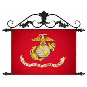 Vintage US Marine Corps Flag Style Displayed in 42x32 100% Cotton Cloth Embroidered mounted on Wrought Iron Hangers Vintage Military Decor