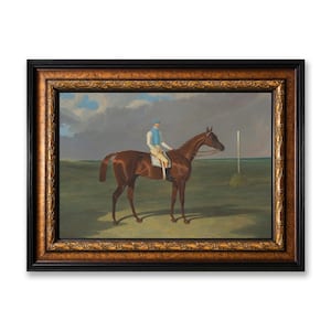 Könnte beinhalten: Antikes gerahmtes Gemälde zeigt einen Jockey auf einem braunen Pferd auf einem grünen Feld unter einem bewölkten Himmel. Das Gemälde befindet sich in einem schwarzen und goldenen, verzierten Rahmen. Der Jockey trägt eine blaue Mütze und Weste.