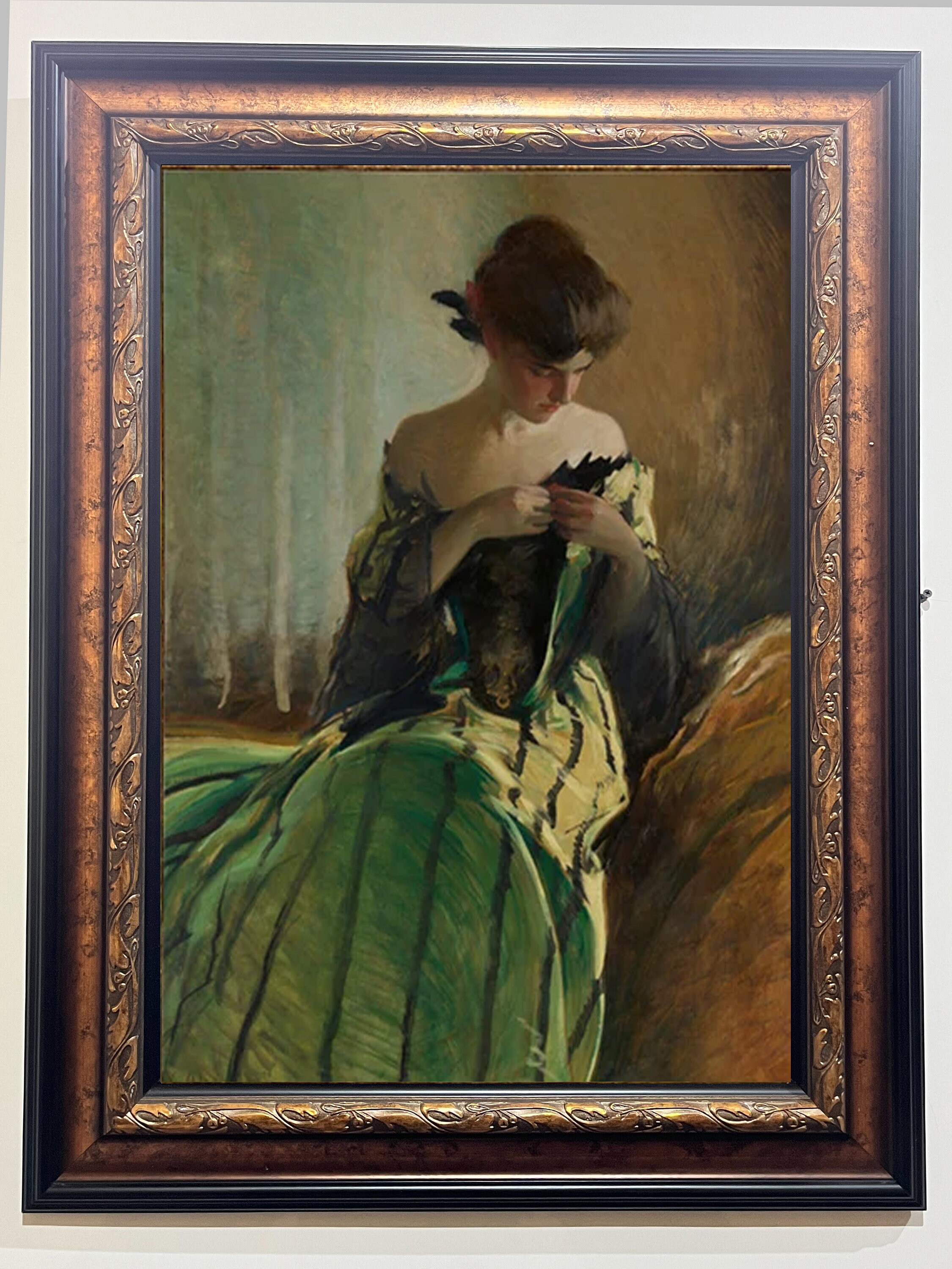 Reproduction Canvas Print - Portrait of Woman in Black and Green Dress by John White Alexander (1856-1915) - Framed size 42x30 Inch