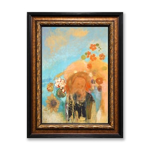 May include: A framed painting featuring a central figure with a beard and dark clothing, surrounded by abstract floral elements in orange, red, and yellow. The background consists of textured light blue and gold tones, all encased in an ornate dark bronze frame.