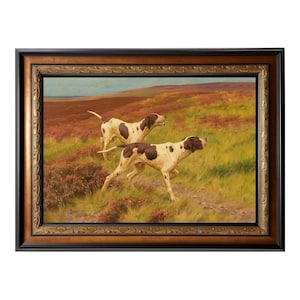 May include: An oil painting of two hunting dogs with brown spots, running through a field of green and red foliage. The dogs are in the foreground, with a landscape of hills and sky in the background. The painting is in a decorative, ornate, gold-toned frame.