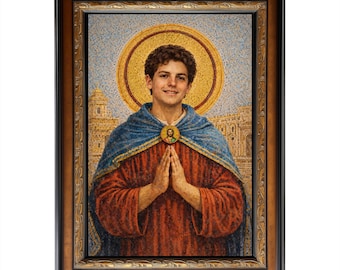 San Carlo Acutis – Arte devocional católico enmarcado, decoración de pared moderna de santo juvenil, obra de fe eucarística, enmarcada 42x30