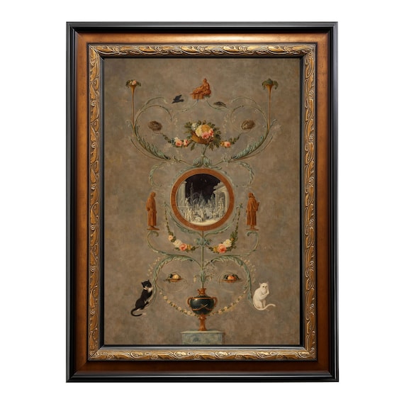 Framed 42x30 Neoclassical Architectural Grottesca Mural, European