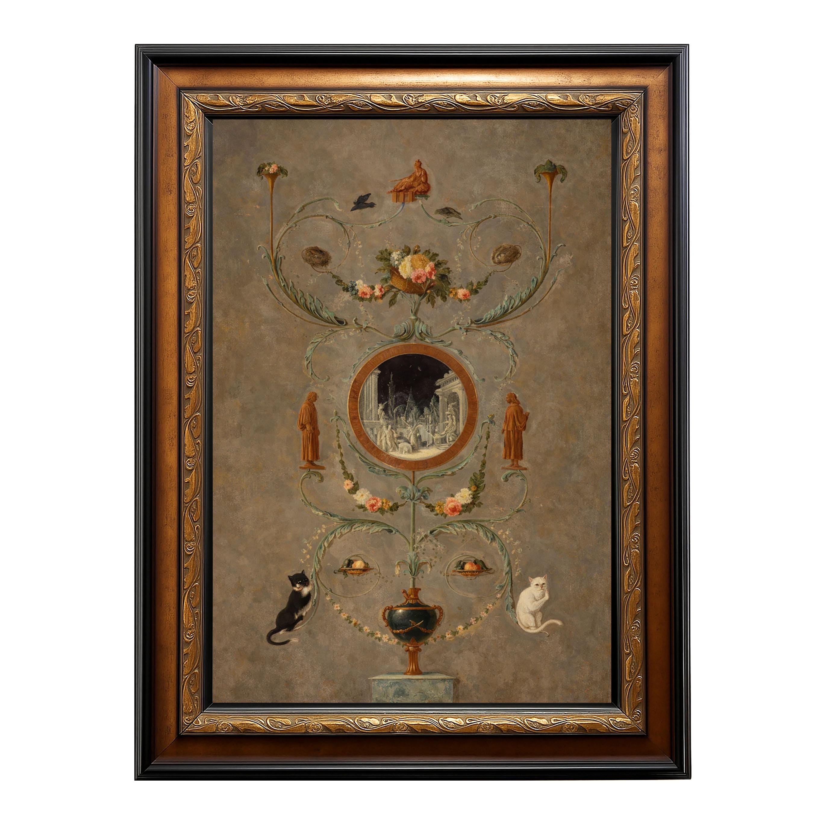 Framed 42x30 Neoclassical Architectural Grottesca Mural, European