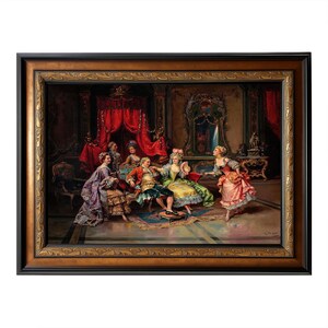 May include: A framed painting showing a historical scene with multiple figures in period attire. The artwork uses rich colours, including reds, golds, and greens, and is set in a detailed interior.