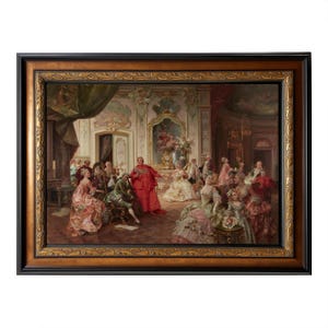 May include: An ornate framed painting showing a gathering of people in a grand room. The artwork features figures in period clothing, with a central figure in a red robe. The frame is dark with gold accents.
