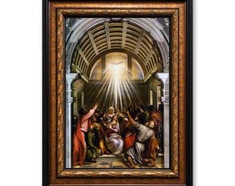 The Descent of the Holy Spirit Framed Canvas Wall Art, Titian Pentecost Religious Painting Print, Vintage Catholic Christian Wall Decor