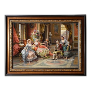 May include: A framed painting showing a group of people in a room, dressed in elaborate attire. The artwork features a detailed interior setting, with a group of people in ornate clothing, and a decorative gold frame.