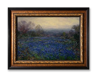 Field of Bluebonnets Framed Canvas Wall Art, Julian Onderdonk Impressionist Texas Landscape Oil Painting Print, Large Vintage Wall Decor
