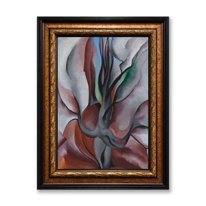 May include: A framed oil painting featuring abstract, flowing organic shapes in shades of grey, deep red, and hints of green and blue. The artwork is enclosed in a rectangular, ornate, dark brown and gold-toned wooden frame with carved details.