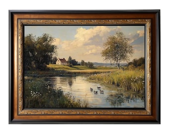 Könnte beinhalten: Ölgemälde einer ruhigen Landschaft mit einem Teich, Enten und einem kleinen Haus. Das Kunstwerk ist in einem dekorativen, verzierten braunen und goldenen Rahmen gerahmt. Der Himmel ist blau mit weißen Wolken, und die Szene ist voller üppigem Grün.