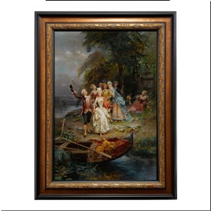 May include: An oil painting in an ornate frame shows a group of people in 18th-century clothing near water. A gondola is in the foreground. The artwork features a detailed landscape with figures in colourful clothing, set against a cloudy sky.