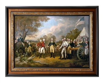 Pode incluir: Impressão emoldurada de uma pintura histórica retratando um grupo de homens em uniformes militares. A obra apresenta uma figura central com um casaco amarelo, cercada por homens em uniformes vermelhos, brancos e azuis. Uma bandeira americana está visível ao fundo.