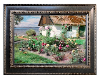 湖畔の家、花とアヒルたち – ペーダー・モルク・モンステッド作風景画