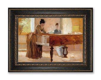 In The Drawing Room At Haikko Framed Canvas Wall Art, Albert Edelfelt Realism Playing Piano Oil Painting Print, Large Vintage Wall Decor