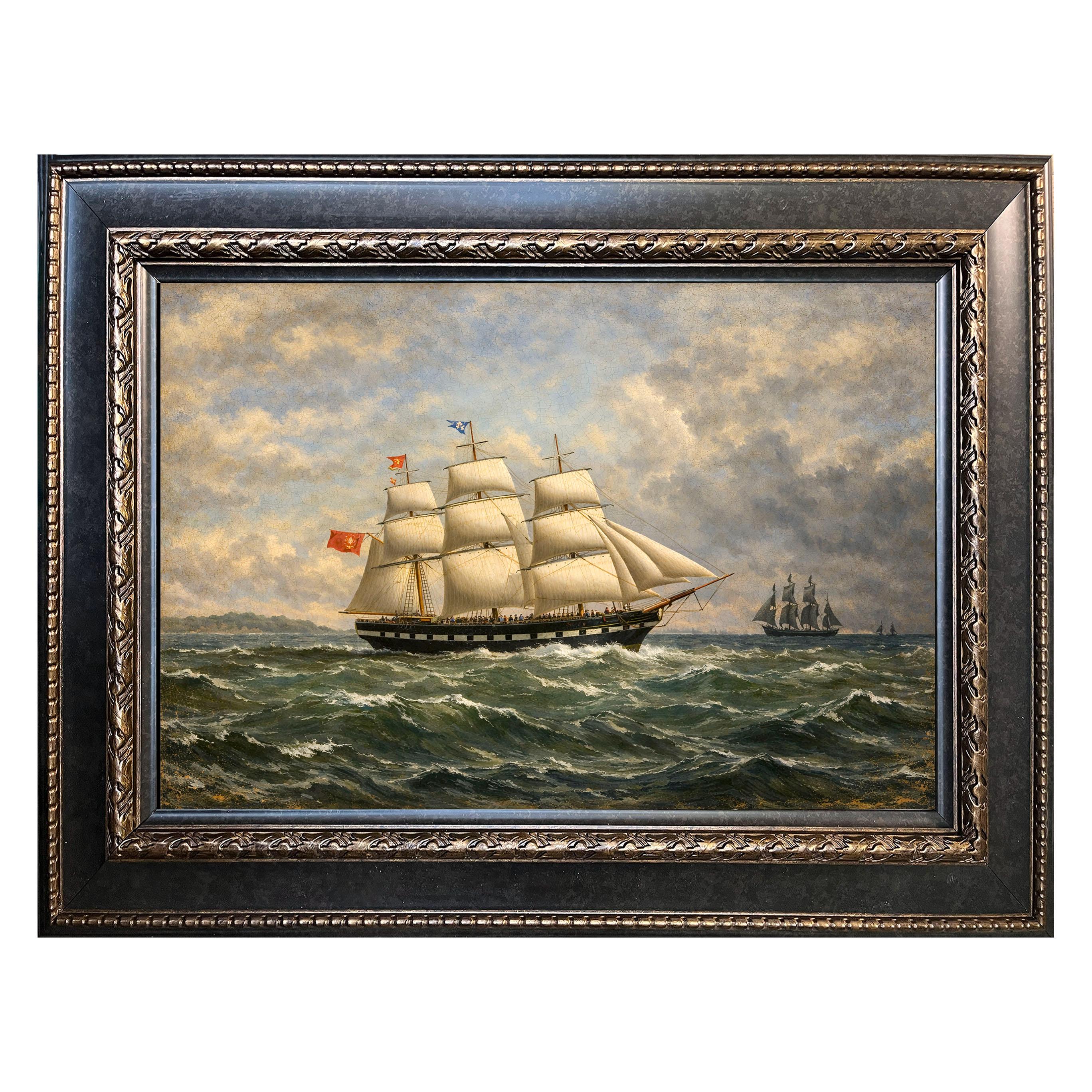 Antique Sailing Ship Oil Painting Framed 42x30 Nautical Maritime Canvas ...