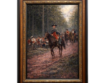 Pode incluir: Pintura emoldurada retratando uma cena histórica de soldados a cavalo e a pé em uma floresta. A pintura apresenta um homem com casaco vermelho e chapéu preto em um cavalo marrom, liderando o grupo. A moldura é preta com detalhes dourados.