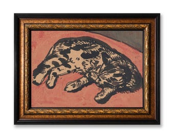 Cat Framed Canvas Wall Art, Georges Lemmen Watercolor Cat Art Print, Large Vintage Home Office Decor