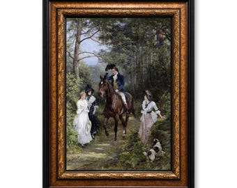 The Meeting in the Forest Framed Canvas Wall Art, Heywood Hardy Horse Riding Oil Painting Print, Large Home Office Vintage Decor