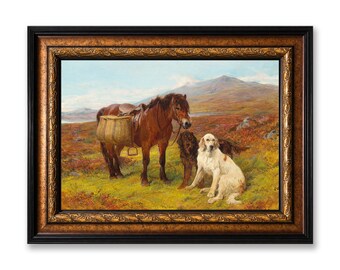 Luncheon Time Framed Canvas Wall Art, John Sargent Noble Pony with Hunting Dogs Oil Painting Print, Large Vintage Home Office Decor