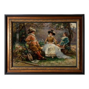 May include: An oil painting in a dark brown and gold frame shows three figures in historical dress in a garden. A man with a lute sits with two women. The painting has a classical style.