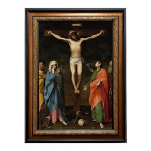 May include: A framed religious painting depicting the crucifixion of Jesus Christ. The artwork features a central figure on a wooden cross, surrounded by several figures in colorful robes. The frame is ornate with a dark brown and gold finish.
