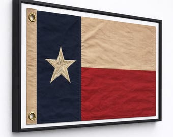 Große horizontale gerahmte Vintage TEXAS-Flagge echte Baumwolle gestickte gealterte Tex-Flagge vertikal, die nach oben und unten hängt, - Premium Patriotische Wandkunst