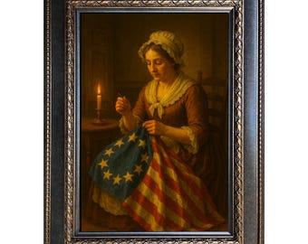 Betsy Ross näht die erste amerikanische Flagge – Vintage Pattsche Malerei, Historische Gründerzeit Kunstdruck, Klassisches Americana Gerahmt 42x30