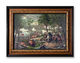 Battle of Chancellorsville Framed Canvas Wall Art, Kurz & Allison American Civil War Lithograph Print, Large Vintage Historical Wall Decor